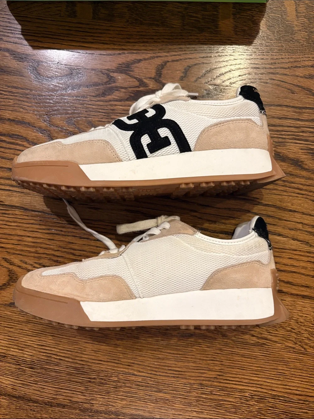 Sam Edelman Langley White, Beige & Black Mesh Suede Sneaker, 7.5
